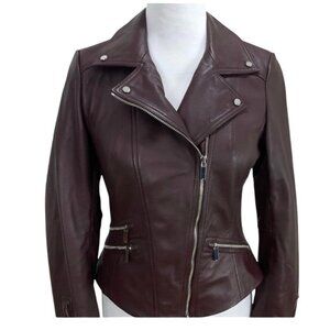 Karen Millen Brown Lamb Leather Moto Jacket Women Size 6 US 10 UK 38 EU MSRP 639